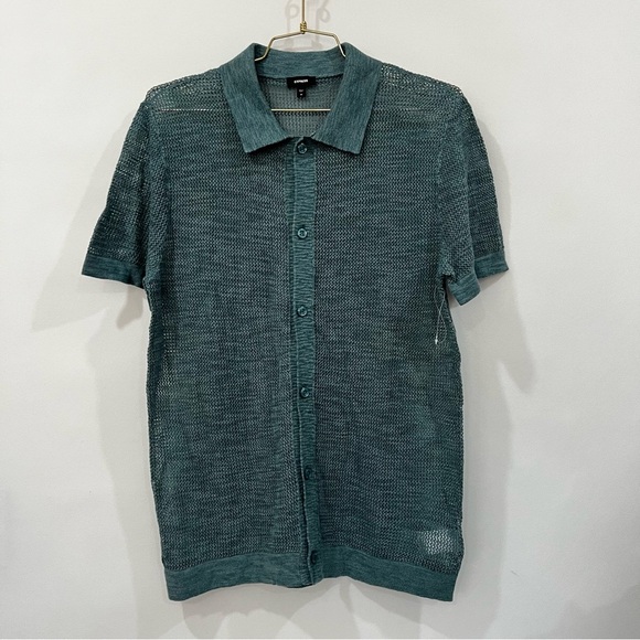 Express Size Medium Knit Sweater Polo Teal Green Front Button-Up Closure - Picture 1 of 7
